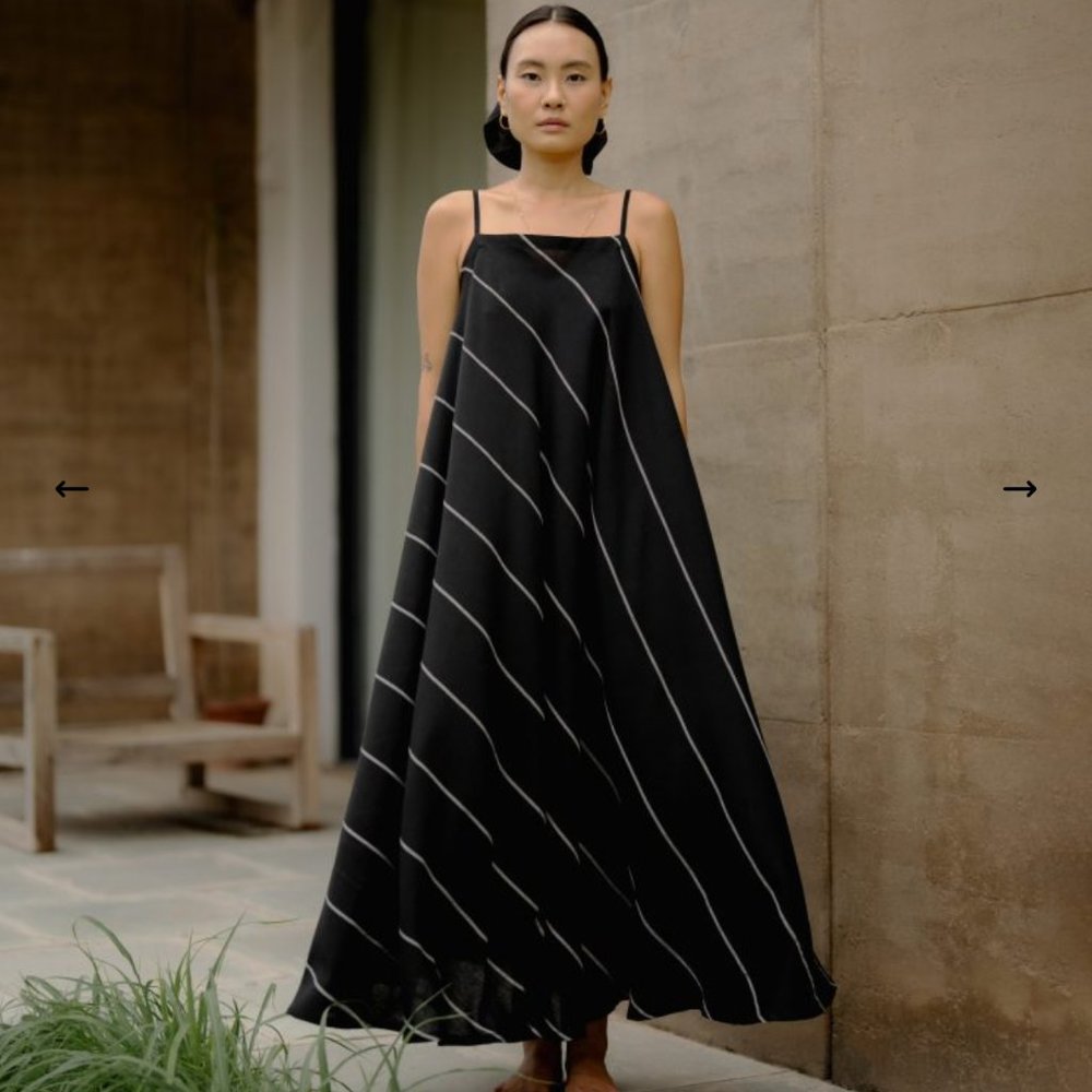 TurnBlack long YUA black sleeveless dress with white stripes (and POCKETS!) NWT